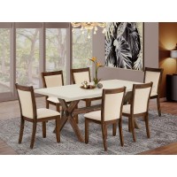 East West Furniture 7Pc Dining Set Consists of a Wood Dining Table and 6 Light Beige Linen Fabric Dinning Room Chairs with Styl