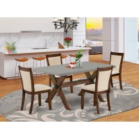 East West Furniture 5Piece Dining Room Table Set Consists of a Mid Century Dining Table and 4 Light Beige Linen Fabric Parsons