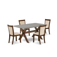 East West Furniture 5Piece Dining Room Table Set Consists of a Mid Century Dining Table and 4 Light Beige Linen Fabric Parsons