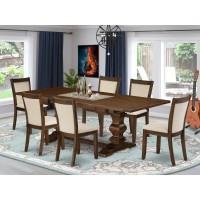 East West Furniture 7Pieces Table Set 1 Rectangular Dining Table with Double Pedestal and 6 Light Beige Linen Fabric Wood Din