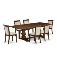 East West Furniture 7Pieces Table Set 1 Rectangular Dining Table with Double Pedestal and 6 Light Beige Linen Fabric Wood Din