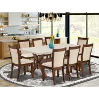 East West Furniture 9Piece Dining Table Set Contains a Wood Dining Table and 8 Light Beige Linen Fabric Mid Century Dining Chai