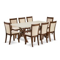 East West Furniture 9Piece Dining Table Set Contains a Wood Dining Table and 8 Light Beige Linen Fabric Mid Century Dining Chai