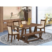 East West Furniture 6Pc Small Dining Set 1 Beautiful Modern Dining Table A Dining Bench and 4 Light Beige Fabric Wood Dining