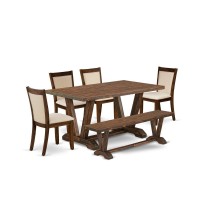 East West Furniture 6Pc Small Dining Set 1 Beautiful Modern Dining Table A Dining Bench and 4 Light Beige Fabric Wood Dining