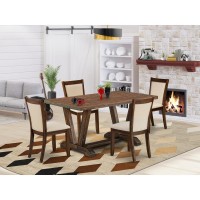 East West Furniture 5Pieces Dinette Set 1 Dining Room Table with Trestle Base and 4 Light Beige Fabric Kitchen Chairs with St