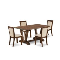 East West Furniture 5Pieces Dinette Set 1 Dining Room Table with Trestle Base and 4 Light Beige Fabric Kitchen Chairs with St