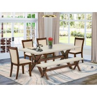 East West Furniture 6Piece Kitchen Table Set Includes a Dinner Table and a Kitchen Bench with 4 Light Beige Linen Fabric Uphols