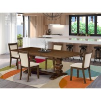 East West Furniture 5Pieces Dining Room Set 1 Rectangular Modern Kitchen Table with Double Pedestal and 4 Light Beige Linen F