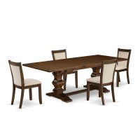 East West Furniture 5Pieces Dining Room Set 1 Rectangular Modern Kitchen Table with Double Pedestal and 4 Light Beige Linen F