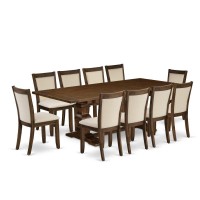 East West Furniture 11Pieces Kitchen Table Set 1 Modern Dining Table with Double Pedestal and 10 Light Beige Linen Fabric Mod