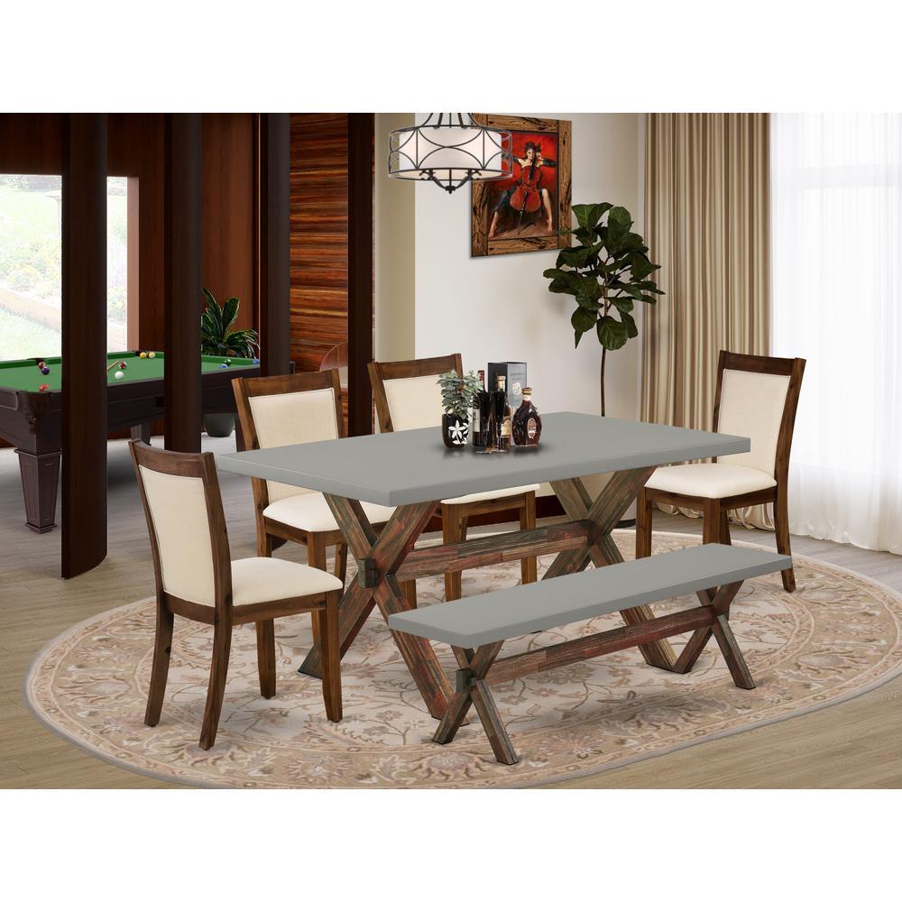 East West Furniture 6Pc Table Set Contains a Rectangular Table and a Small Bench with 4 Light Beige Linen Fabric Parsons Chairs