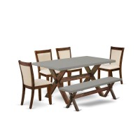 East West Furniture 6Pc Table Set Contains a Rectangular Table and a Small Bench with 4 Light Beige Linen Fabric Parsons Chairs