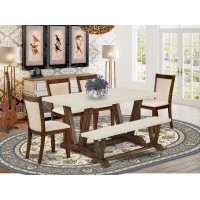 East West Furniture 6Pc Dining Set 1 Kitchen Table A Dining Bench with Linen White Top and 4 Light Beige Linen Fabric Dining