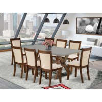 East West Furniture 9Piece Mid Century Dining Table Set Consists of a Wooden Table and 8 Light Beige Linen Fabric Upholstered D