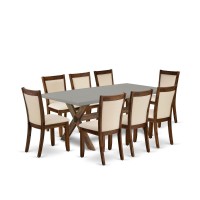 East West Furniture 9Piece Mid Century Dining Table Set Consists of a Wooden Table and 8 Light Beige Linen Fabric Upholstered D