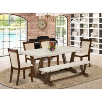 East West Furniture 6Pc Dining Room Set 1 Dining Table Modern Dining Bench with Linen White Top and 4 Light Beige Fabric Kit