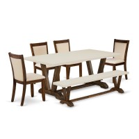 East West Furniture 6Pc Dining Room Set 1 Dining Table Modern Dining Bench with Linen White Top and 4 Light Beige Fabric Kit