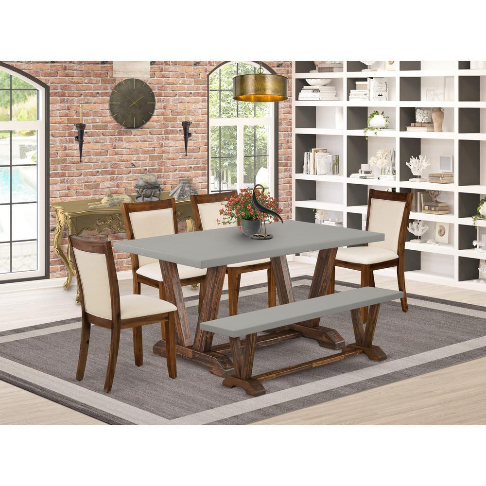 East West Furniture 6Piece Dining Room Set Contains a Dinning Table and a Wooden Bench with 4 Light Beige Linen Fabric Parson D