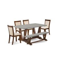 East West Furniture 6Piece Dining Room Set Contains a Dinning Table and a Wooden Bench with 4 Light Beige Linen Fabric Parson D