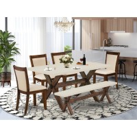 East West Furniture 6Pc Dining Room Set Includes a Modern Table and a Small Bench with 4 Light Beige Linen Fabric Parson Dining