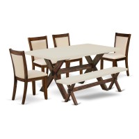 East West Furniture 6Pc Dining Room Set Includes a Modern Table and a Small Bench with 4 Light Beige Linen Fabric Parson Dining