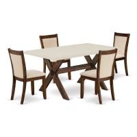 East West Furniture 5Piece Dining Room Set Contains a Dinning Table and 4 Light Beige Linen Fabric Upholstered Chairs with Styl