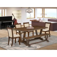 East West Furniture 6Piece Modern Dining Set Consists of a Rectangular Table and a Small Bench with 4 Light Beige Linen Fabric