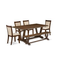 East West Furniture 6Piece Modern Dining Set Consists of a Rectangular Table and a Small Bench with 4 Light Beige Linen Fabric