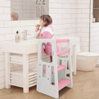 Nursery Kitchen Step Stool W/ 3 Adjustable Heights Toddler Standing Tower Kids Learning Stool W/Double Safety Rails & Non-Slip Foot Pads Cooking Stool Stand Helper Bathroom Counter Footstool (Pink)