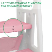 Nursery Kitchen Step Stool W/ 3 Adjustable Heights Toddler Standing Tower Kids Learning Stool W/Double Safety Rails & Non-Slip Foot Pads Cooking Stool Stand Helper Bathroom Counter Footstool (Pink)