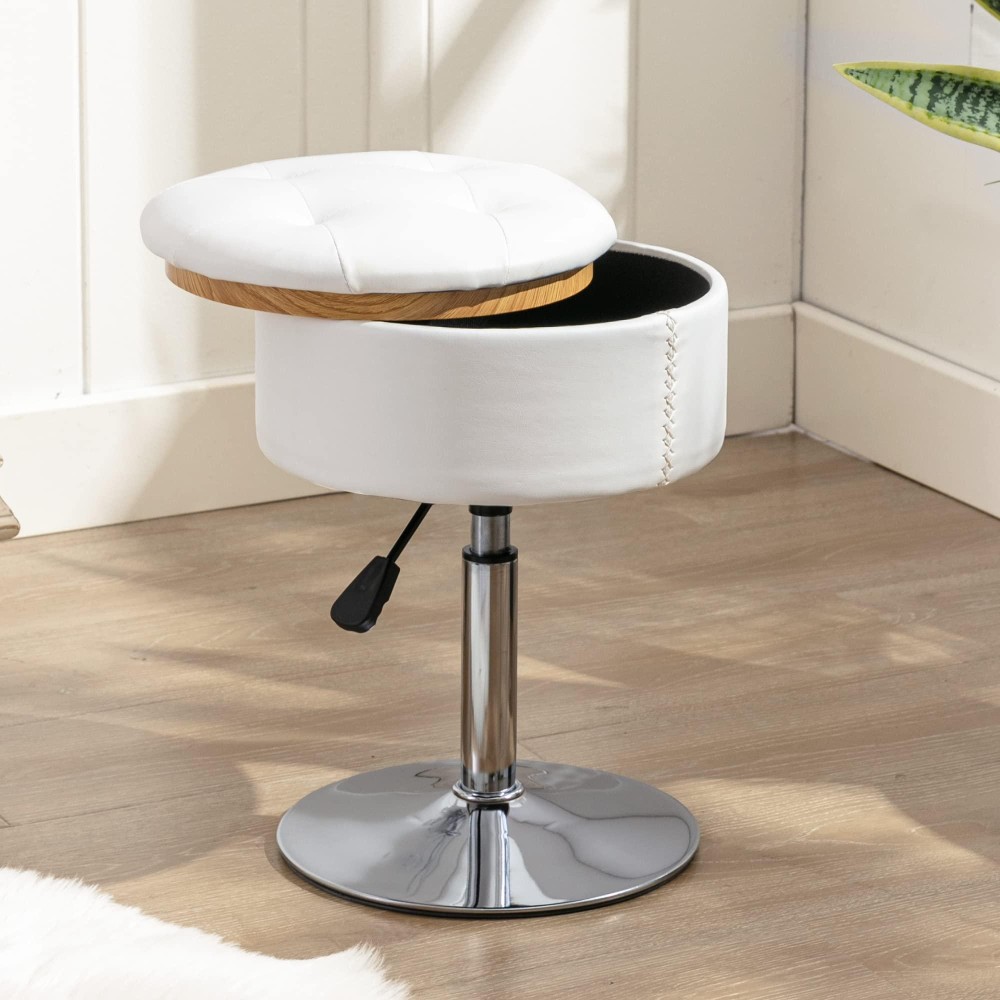 Lue Bona 360?Swivel Storage Vanity Stool Chair For Makeup Room, Height Adjustable Stool For Vanity, Small White Faux Leather Vanity Stool For Bathroom, Living Room