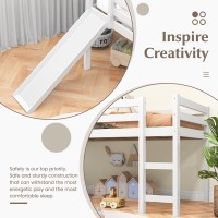 Nafort Twin Loft Bed With Slide, Low Loft Bed With Stairs, Solid Wood Twin Loft Bed Frame For Girls Boys With Climbing Ladders Guard Rails And Slat Support - White