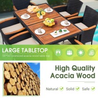 Devoko Outdoor Patio Dining Sets 7 Pieces Rattan Patio Conversation Set With Acacia Wood Table Top And Widened Armrests, Wicker Outdoor Dining Table And Chairs Set For Backyard, Garden, Deck