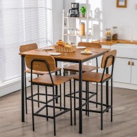 Giantex 5-Piece Dining Table Set W/Counter Height Table & 4 Bar Stools, Industrial Kitchen Dining Table Set W/Footrest & Backrest, Space-Saving Dinette Set For Pub, Dining Room, Restaurant (Teak)