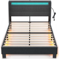 Rolanstar Upholstered Platform Bed Frame Queen Size With Headboard With Led Lights And Usb Ports, Motion Activated Night Light & Solid Wood Slats, No Box Spring Needed, Dark Grey