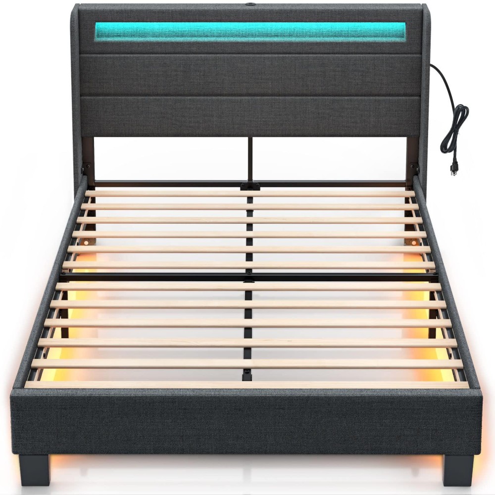 Rolanstar Platform Bed Frame Full Size With Headboard, Upholstered, With Led Lights And Usb Ports, Motion Activated Night Light & Solid Wood Slats, No Box Spring Needed, Dark Grey