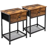 Amhancible Nightstands Set Of 2, Small End Tables Living Room With Drawer, Industrial Slim Side Tables With Storage Shelf, Night Stands For Bedroom, Wood Metal Accent Furniture Het03Sdbr