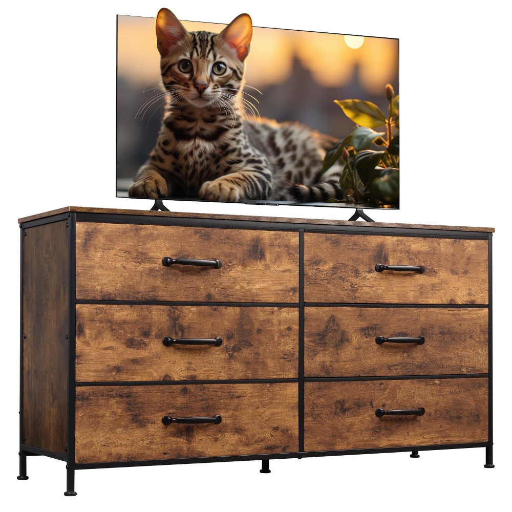 Wlive Wide Fabric Dresser 6 Drawer Dresser Tv Stand For 60 Tv Dressers Bedroom Furniture Large Storage Tower Unit With Fabri