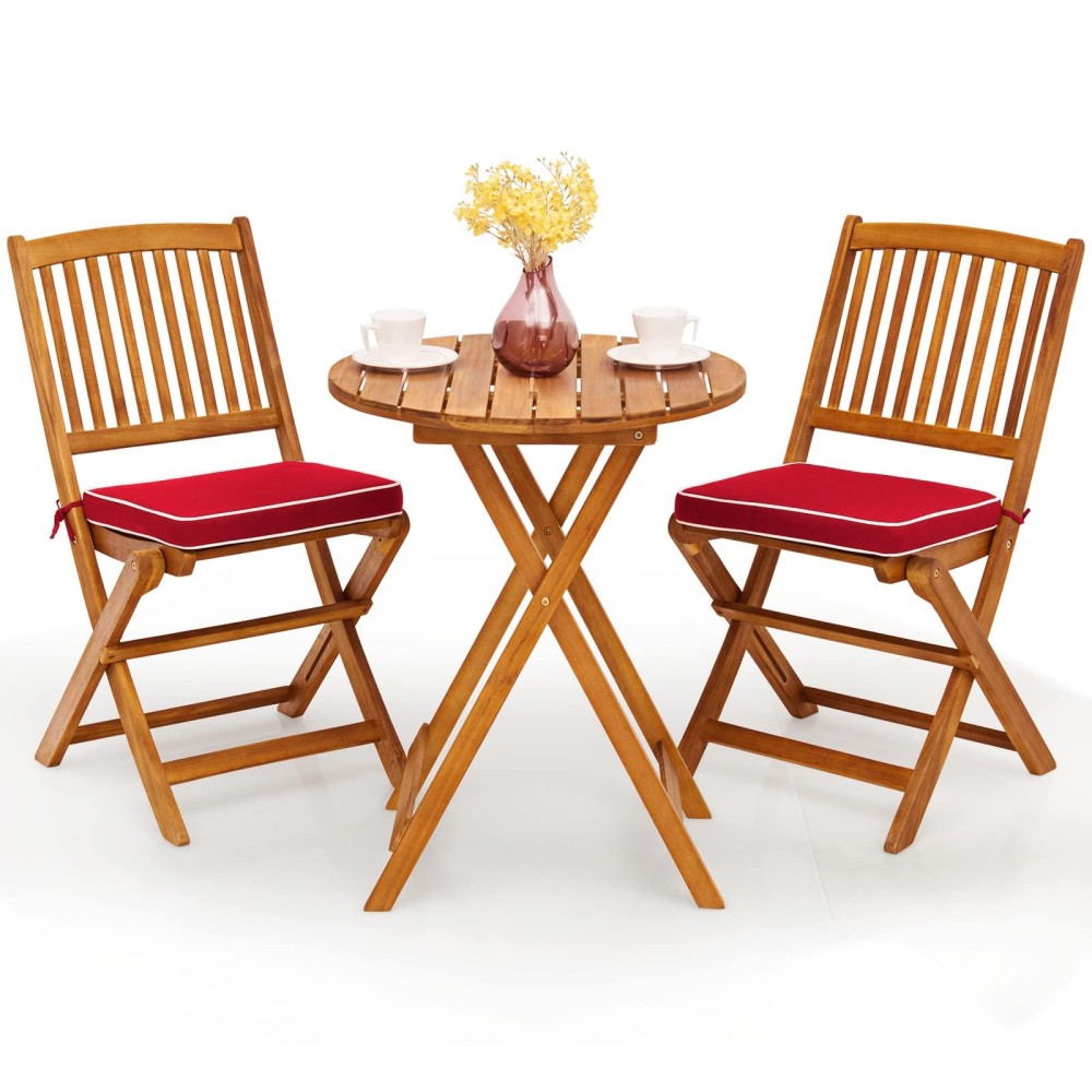 Giantex 3Pcs Patio Bistro Set Wood Folding Table Set 2 Cushioned Chairs For Garden Yard Outdoor Furniture Round Table Natura