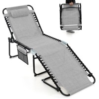 Giantex Patio Lounge Chairs For Outside - Folding Tanning Chair W/Headrest, 4 Adjustable Positions, Side Pocket, Outdoor Chaise Lounge For Camping, Pool, Sunbathing Beach Chair, Grey