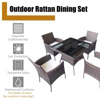 Dortala 5 Pieces Patio Rattan Dining Set, All-Weather Wicker Table And Chair Set W/Tempered-Glass Tabletop & Cushions, Outdoor Conversation Set For Garden, Backyard, Poolside