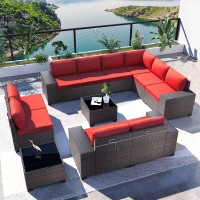 Kullavik Outdoor Patio Furniture Set 12 Pieces Sectional Rattan Sofa Set Brown Pe Rattan Wicker Patio Conversation Set With 10 Red Seat Cushions And 2 Tempered Glass Table