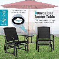 Tangkula Patio 2 Person Swing Glider Chair, Outdoor Double Rocking Chair W/Center Table & Umbrella Hole, Reinforced Steel Structure, Outside Glider Loveseat For Poolside, Backyard, Garden (Black)