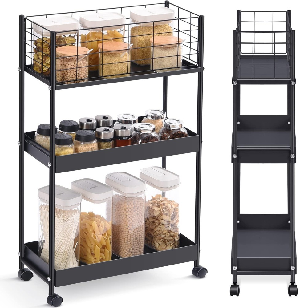 Kingrack Slim Storage Cart, 3-Tier Metal Rolling Utility Cart, Slide Out Storage Cart, Small Rolling Trolley Kitchen Cart, Black Cart For Bathroom Laundry Room Office Narrow Place