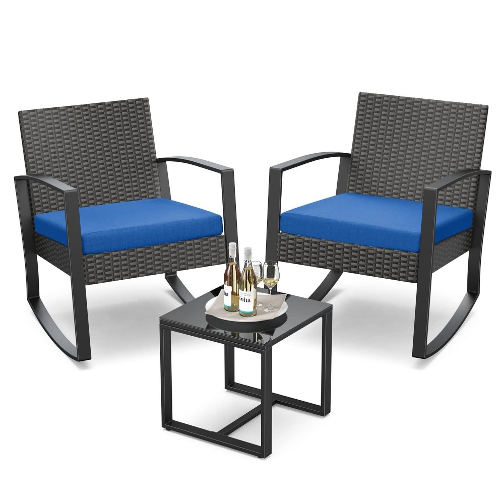 Qsun 3 Piece Patio Bistro Set Patio Furniture Set Outdoor Wicker Rocking Furniture Conversation Set With Tempered Glass Coffee T