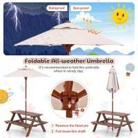 Kotek Kids Picnic Table With Umbrella Foldable, Wooden Kids Table & Benches For Crafting, Eating & Playing, Outdoor Toddler Activity Table For Backyard, Patio, Garden, Gift For Ages 3-8 (Brown)