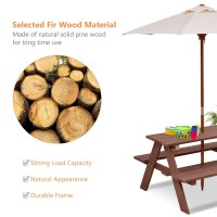 Kotek Kids Picnic Table With Umbrella Foldable, Wooden Kids Table & Benches For Crafting, Eating & Playing, Outdoor Toddler Activity Table For Backyard, Patio, Garden, Gift For Ages 3-8 (Brown)