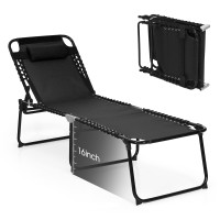 Gymax Lounge Chairs For Outside, Extra High Folding Beach Tanning Lounger With 4-Level Adjustable Backrest, 2-Level Footrest & Removable Pillow, Sunbathing Lounge For Patio, Lawn, Poolside (1, Black)
