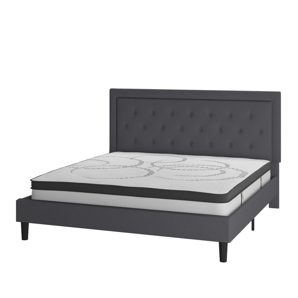 Roxbury King Size Tufted Upholstered Platform Bed in Dark Gray Fabric with 10 Inch CertiPUR-US Certified Pocket Spring Mattress